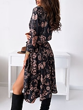 preiswerte Ausgefallene Kleider-Damen Midikleid Casual kleid Schaukelkleid A Linie Kleid Boho-Kleid Brautkleider schlicht Täglich Regular Fit Blumen Langarm V Ausschnitt Schwarz Gelb Rote Purpur Frühling Herbst