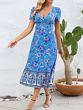 abordables Robes Bohémiennes-Femme Robe mi-longue Robe casual Robe Évasée Robe Trapèze robe boheme Bohême Décontractées du quotidien Standard Floral Manche Courte Col V Rouge Bleu Fuchsia Eté Printemps