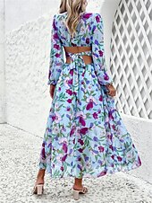 cheap Casual Floral Dresses-Women&#039;s Floral V Neck Maxi Dress Long Sleeve Summer Spring