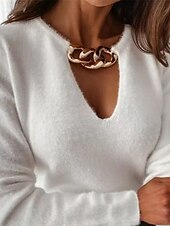 voordelige Dames eenvoudige tops-Dames Overhemd Blouse Effen Kleur Basic Casual Lange mouw Strakke ronde hals Normale tops Dagelijks Lapwerk Wit Herfst Winter