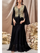 economico NERO-Abito da soirée a linea A elegante per matrimoni con strascico  strascico a spazzola maniche lunghe scollatura a V in chiffon con glitter