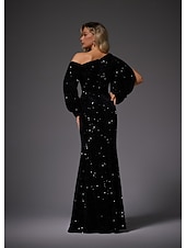 preiswerte SCHWARZ-Meerjungfrau Abendkleid Partykleid Formeller Sweep  Brush Train Lange Ärmel Rundhalsausschnitt Pailletten mit Glitzer Raffung Schlitz