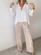 cheap Sets-Women&#039;s Fashion Streetwear Daily Shirt Linen-Inspired Sets Two Piece Sets Dress Pants Long Sleeve Bishop Sleeve Shirt Collar Plain Printing Patchwork Print Formal Casual Daily Khaki Fall Regular Fit