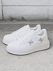 economico Sneakers da donna-sneakers da donna bianche con plateau e ricamo a farfalla | scarpe casual con lacci per tutti i giorni