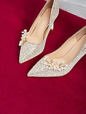 tanie bal maturalny-damskie srebrne, brokatowe szpilki z kwiatowymi zdobieniami – eleganckie buty ślubne i balowe ze spiczastym noskiem