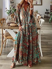 cheap Boho Dress-Women&#039;s Maxi Dress Casual Dress Swing Dress A Line Dress Boho Dress Casual Daily Regular Fit Floral Long Sleeve V Neck Red Blue Purple Orange Summer Spring Fall