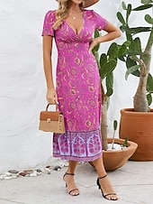 abordables Robes Bohémiennes-Femme Robe mi-longue Robe casual Robe Évasée Robe Trapèze robe boheme Bohême Décontractées du quotidien Standard Floral Manche Courte Col V Rouge Bleu Fuchsia Eté Printemps