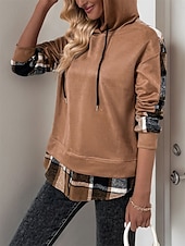 baratos Loja Gráfica Moletons &amp; Capuzes-moletom feminino com capuz casual xadrez rua diário moletom com capuz patchwork estampa manga comprida marrom outono inverno