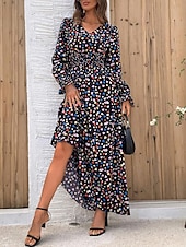 preiswerte Ausgefallene Kleider-Damen Maxidress Casual kleid Schaukelkleid A Linie Kleid Boho-Kleid Brautkleider schlicht Täglich Regular Fit Blumen Langarm V Ausschnitt Schwarz Weiß Grün Sommer Frühling Herbst