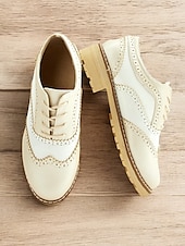 cheap 1930s-Women&#039;s Beige and White Oxford Brogue Shoes - Vintage Lace-Up Low Heel Casual Shoes for Everyday Wear