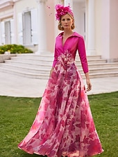 preiswerte Bodenlänge-A-Linien-Mutter der Braut Kleid Smoking Kleid Strandhochzeit Elegant Hemdkragen Bodenlänglich Chiffon 3/4 Länge Ärmel mit Blumen Derby Kleid Renntag Kleid Hochzeitsgastkleid 2025