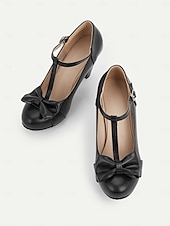 billiga 1950-talet-svarta t-bandklackar för kvinnor med rosettdetalj - vintageinspirerade chunky pumps för kontor, fester eller högtidliga tillfällen