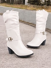olcso Slouch Boots-barna, térdig érő női csizma csatos részletekkel és blokksarkúval – klasszikus és sokoldalú lábbeli hétköznapi és őszi ruhákhoz