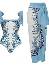 billiga One-piece-baddräkter-Dam Badkläder En bit Monokini Kjol Baddräkt Öppen rygg Magkontroll Hög midja Smal Semester Standkläder Blommig Halterneck Ärmlös Baddräkter