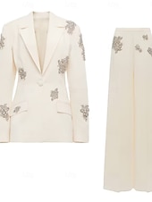 olcso Anya nadrágkosztümje-Nadrágkosztüm Fehér Tuxedo Tuxedo Ruha Kétrészes Öltöny Estélyi Ruha Elegáns Formális Esküvői Padlóhosszú Hosszúujjú Ing Gallér Csillogó Boárral 2025