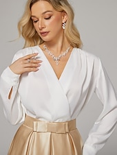 preiswerte Cocktailkleider-Zwei-Teile Cocktailkleider Elegantes Kleid Hochzeitsfeier Teelängen Langarm V-Ausschnitt Satin mit Falten Kleidern