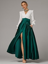 cheap GREEN-A-Line Evening Gown High Split Dress Formal Wedding Guest Floor Length Long Sleeve V Neck Fall Wedding Guest Satin with Pleats Slit
