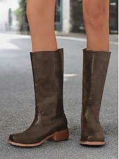 levne Cowboy &amp; Western Boots-dámské hnědé westernové kovbojské boty z umělé kůže - výška do půl lýtek s naskládaným podpatkem pro ležérní outfity a outfity ve venkovském stylu