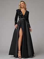 preiswerte SCHWARZ-Ballkleid Abendkleid Elegantes Kleid Hochzeitsgast Geburtstag bodenlang langärmlig V-Ausschnitt Taschensatin mit Pailletten-Tasche