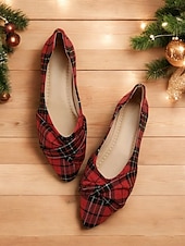 abordables Ballerines femme-ballerines à carreaux tartan rouges pour femmes – chaussures à enfiler au design noué festif pour les vacances et les tenues décontractées
