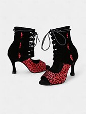 tanie Buty do tańców latynoskich-damskie sznurowane buty do tańca z odkrytymi palcami i wysokim obcasem – czerwony kwiatowy wzór z czarnym wycięciem do tańca latynoskiego i salsy