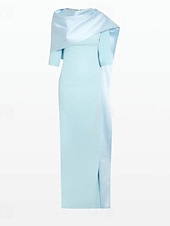 abordables BLEU-Robe de soirée élégante robe fourreau de mariage sur la plage robe de soirée bleu ciel élégante robe formelle longueur maxi manches 3/4 décolleté bijou crêpe extensible avec fente châle