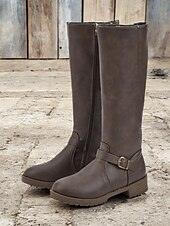 baratos Botas da moda-botas femininas marrons de cano alto com zíper lateral e fivela, salto baixo e design durável – perfeitas para uso casual e ao ar livre