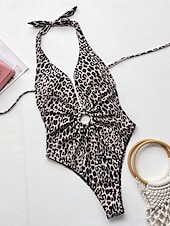 billiga One-piece-baddräkter-Dam Badkläder En bit Monokini Baddräkt Öppen rygg Magkontroll Hög midja Smal Semester Standkläder Leopard Halterneck Ärmlös Baddräkter