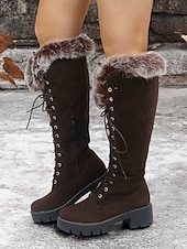 baratos Botas de neve e inverno-botas femininas de camurça sintética com cadarço até o joelho e punhos de pele sintética – calçados de inverno estilosos com sola grossa