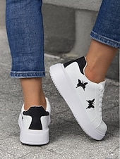 economico Sneakers da donna-sneakers da donna bianche con plateau e ricamo a farfalla | scarpe casual con lacci per tutti i giorni
