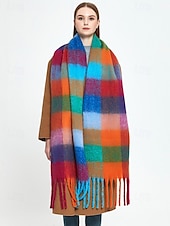 abordables Bufandas de mujer-Bufanda de invierno de gran tamaño con cuadros coloridos para mujer | Chal suave y cálido similar a la lana con borlas | Accesorio moderno para clima frío para atuendos casuales y formales