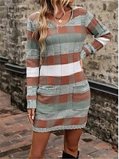 preiswerte Strickkleider-Damen kariertes Maxikleid mit V-Ausschnitt, lange Ärmel, Frühling/Herbst