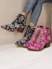 economico Stivali alla caviglia-stivaletti allacciati con ricami floreali da donna - in raso rosa acceso con tacco spesso per outfit casual, da festa o boho-chic