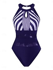 preiswerte Einteilige Badeanzüge-Damen Badeanzug Ein Stück Monokini Bademode Gitter Rückenfrei Bauchkontrolle Hohe Taillenlinie Schlank Urlaub Strandbekleidung Streifen Halfterhals Ärmellos Badeanzüge
