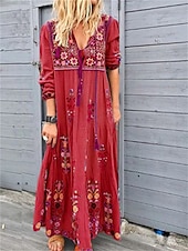 abordables Robes fleuries décontractées-robe longue à fleurs pour femmes, col en V, manches longues, été, printemps