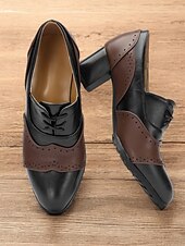 cheap 1950s-Women&#039;s Vintage-Inspired Two-Tone Faux Leather Brogue Oxfords with Block Heel - Classic and Comfortable for Work or Casual Wear