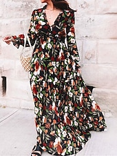 preiswerte Elegante Blumenkleider-Damen Maxikleid mit Blumenmuster und V-Ausschnitt, lange Ärmel, Frühling/Herbst
