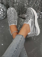 billige Sneakers til kvinner-svarte slip-on joggesko for kvinner med glitterpynt og plattformsåle – stilige fritidssko for hverdagsbruk