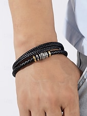 baratos Jóias Masculinas-pulseira masculina de couro trançado com detalhes em contas de metal – pulseira preta elegante de camada dupla com fecho magnético