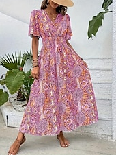 abordables Robes Bohémiennes-Femmes Robe maxi Robe Décontractée Robe évasée Robe trapèze Robe bohème Occasionnel Quotidien Coupe régulière Fleuri Paisley Manche Courte Col en V Bleu Fuchsia Été Printemps Automne