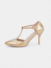 economico Semi-formale-eleganti tacchi a spillo con cinturino a T in vernice rossa da donna - ideali per matrimoni e occasioni speciali
