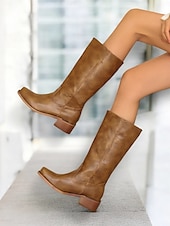 levne Cowboy &amp; Western Boots-dámské hnědé westernové kovbojské boty z umělé kůže - výška do půl lýtek s naskládaným podpatkem pro ležérní outfity a outfity ve venkovském stylu