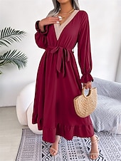 abordables Robe de cocktail-Robe casual Robe Évasée Robe Trapèze Femme Robe mi-longue Patchwork Avec ceinture Sport &amp; Loisir Plein Air Décontractées Col V manche longue Standard Noir Vin Vert S M L XL
