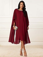 baratos Vestido de cocktail-Mulheres Comprimento do chá Vestido de formatura Elegante Coquetel Normal Meia Manga Gola Redonda Vermelho Verão Primavera