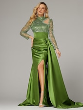 preiswerte GRÜN-Meerjungfrau Abendkleid Elegantes Kleid Formelle Sweep  Brush Train Lange Ärmel Hoher Hals Satin mit Perlen Pailletten
