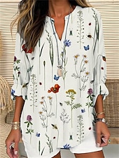 preiswerte Damen Grafik Tops-Damen Hemd Bluse Blumen Brautkleider schlicht Langarm Gekerbter Hals Normale Oberteile Täglich Bedruckt Weiß Blau Khaki Herbst Winter
