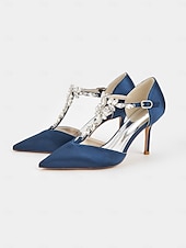 abordables cocktail-Escarpins à brides en satin bleu marine pour femmes – chaussures de cocktail à bout pointu avec ornements en cristal pour mariages et soirées