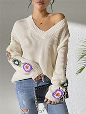 economico Motivi grafici e dettagli-Per donna Felpa Informale Morbido Floreale Uncinetto A V Lavorato a maglia Manica lunga Top regolari Maglia Esterno Giornaliero Fine settimana Nero Bianco Autunno Inverno