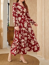 preiswerte Elegante Blumenkleider-Damen Maxidress Casual kleid Schaukelkleid A Linie Kleid Brautkleider schlicht Täglich Regular Fit Blumen Langarm V Ausschnitt Weiß Rote Sommer Frühling Herbst