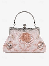 cheap Clutches &amp; Evening Bags-Women&#039;s Vintage Green Velvet Handbag with Beaded Floral Embroidery and Metal Frame – Elegant Evening Bag
